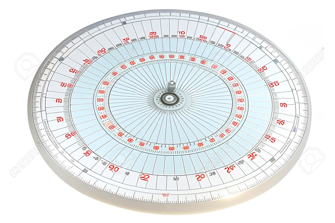 圆形测量设备，在白色背景上的360度，透明量角器