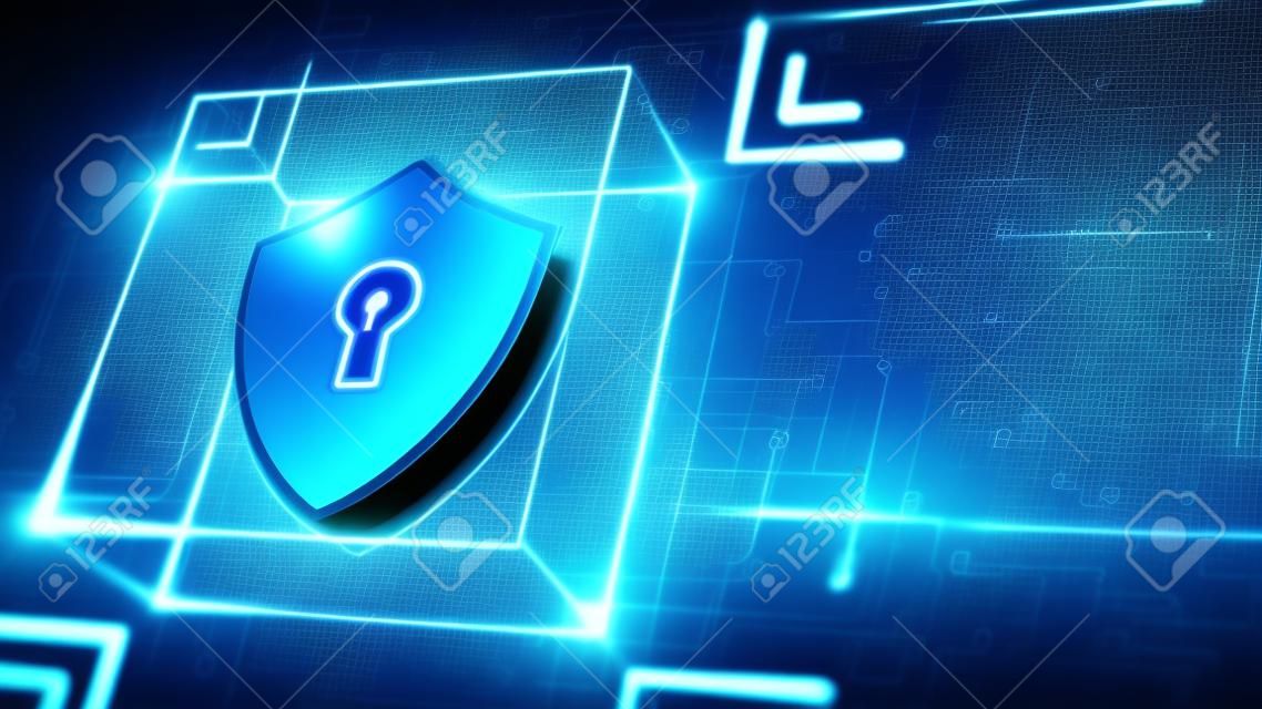 Abstraktes Cybersicherheitskonzept. Schild mit Schlüsselloch-Symbol auf digitalem Datenhintergrund. Veranschaulicht die Idee der Cyber-Datensicherheit oder des Datenschutzes. Blaue abstrakte Hallo-Speed-Internet-Technologie.