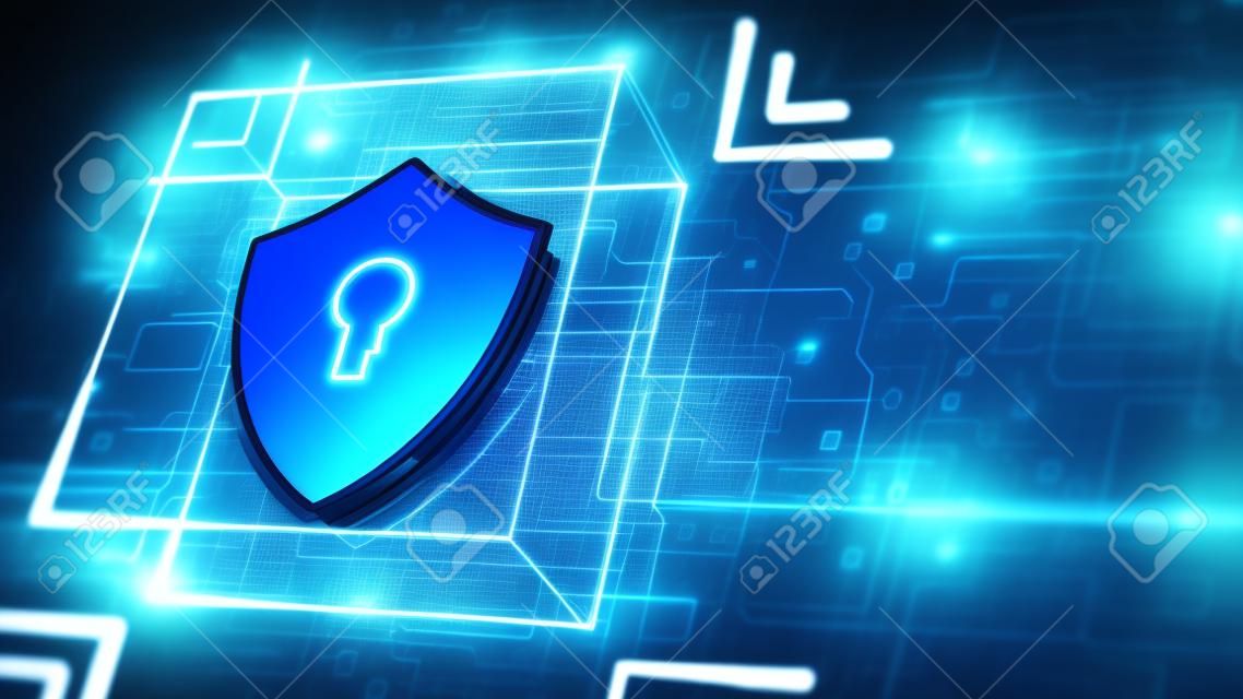 Abstraktes Cybersicherheitskonzept. Schild mit Schlüsselloch-Symbol auf digitalem Datenhintergrund. Veranschaulicht die Idee der Cyber-Datensicherheit oder des Datenschutzes. Blaue abstrakte Hallo-Speed-Internet-Technologie.