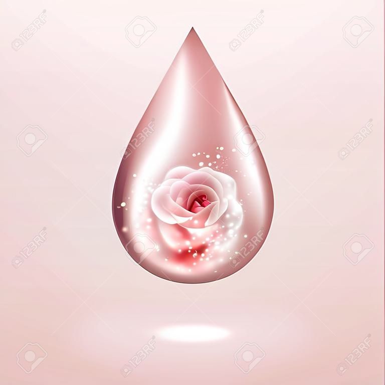 Różowa kropla olejku różanego ze światłami, odblaskami i cieniami. błyszcząca rosa wodna perfum. znak aromaterapii. ilustracja wektorowa.