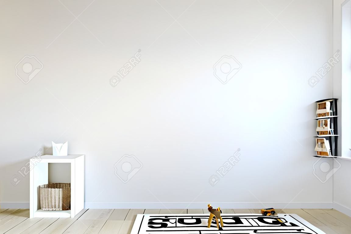 Mock up wall in child room interior. Interior scandinavian style. 3d rendering, 3d illustration. Perfect for Branding your creation or business. Interior wall Mockups good to use for shop owners, artists, creative people, bloggers, who want to advertise or show their latest design!