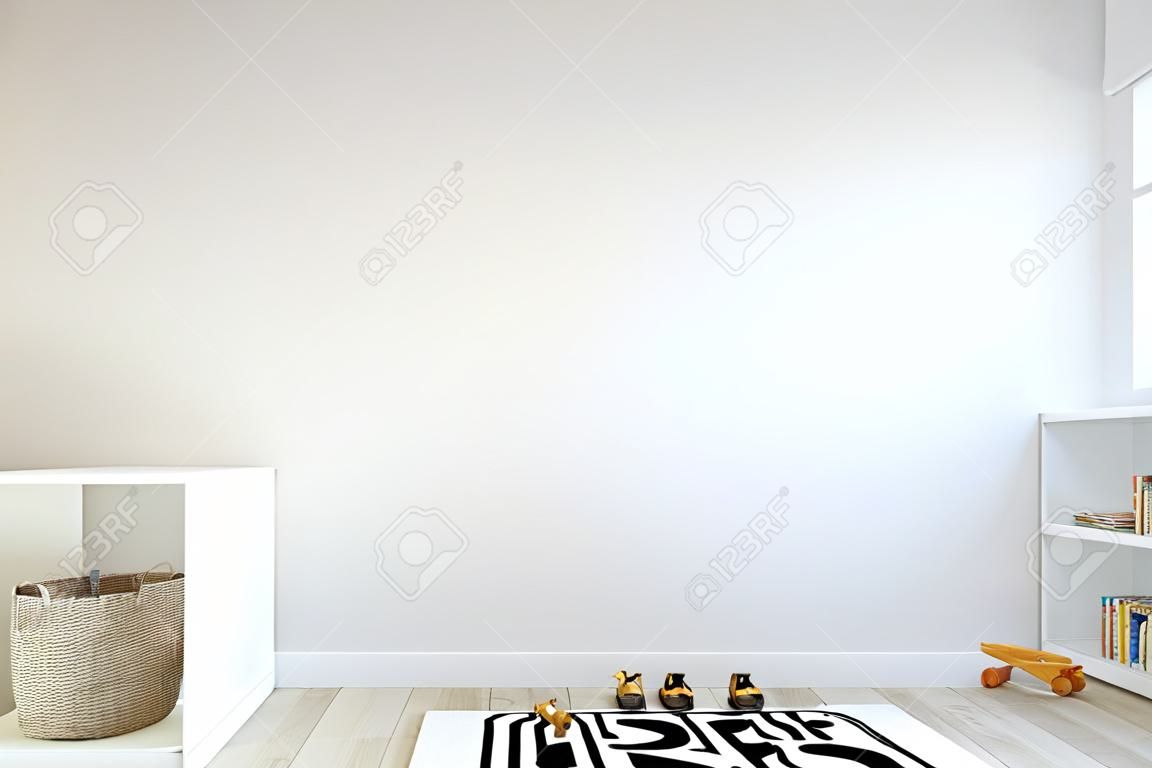 Mock up wall in child room interior. Interior scandinavian style. 3d rendering, 3d illustration. Perfect for Branding your creation or business. Interior wall Mockups good to use for shop owners, artists, creative people, bloggers, who want to advertise or show their latest design!