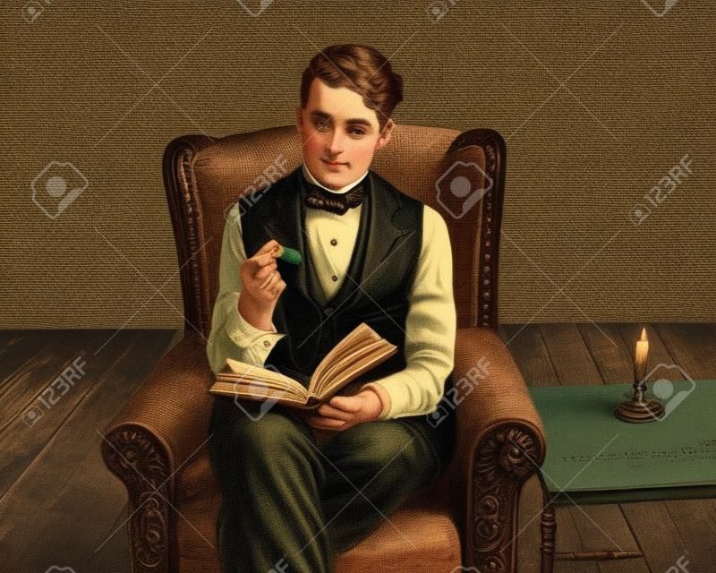 Vintage victorian dickens de style livre homme de lecture avec loupe.