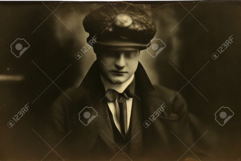 Antique wet plate photo of mysterious 1920s english gangster with flat cap.