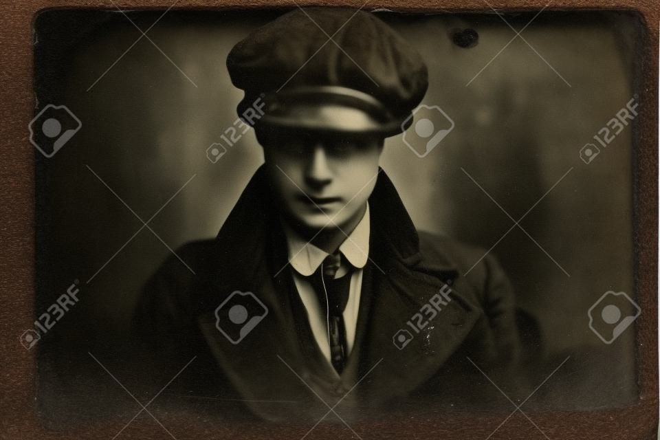 Antyczne zdjęcie na mokro tajemniczego angielskiego gangstera z lat 20. XX wieku w kaszkiecie.