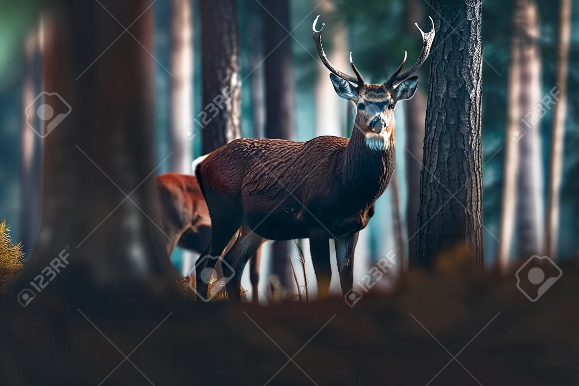 Red deer with pointed antlers in autumn pine forest.