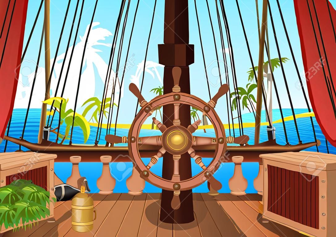 STATEK PIRATÓW z wyspą na horyzoncie. Ilustracja wektorowa widoku mostu żaglowiec. Tło dla gier i aplikacji mobilnych. Koncepcja bitwy morskiej lub podróży.