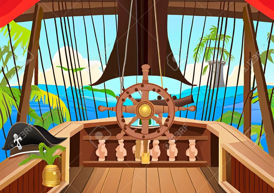 STATEK PIRATÓW z wyspą na horyzoncie. Ilustracja wektorowa widoku mostu żaglowiec. Tło dla gier i aplikacji mobilnych. Koncepcja bitwy morskiej lub podróży.