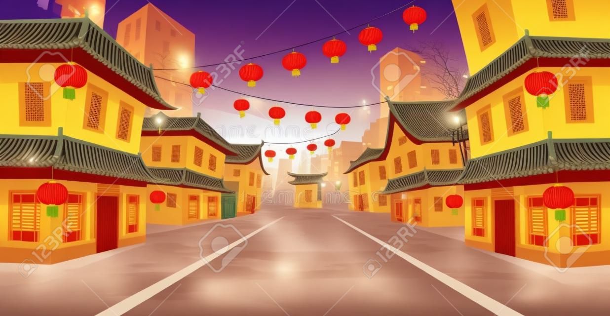 Strada cinese panoramica con vecchie case, arco cinese, lanterne e una ghirlanda. Illustrazione vettoriale della strada della città in stile cartone animato.