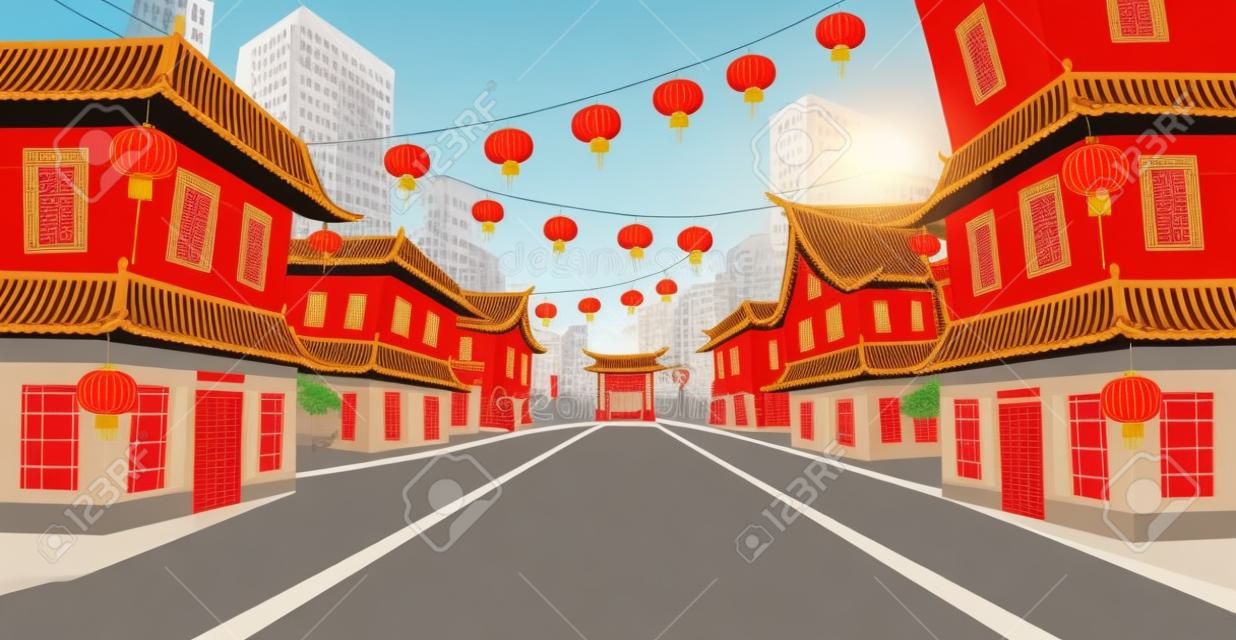 Rue chinoise panoramique avec de vieilles maisons, une arche chinoise, des lanternes et une guirlande. Illustration vectorielle de la rue de la ville en style cartoon.