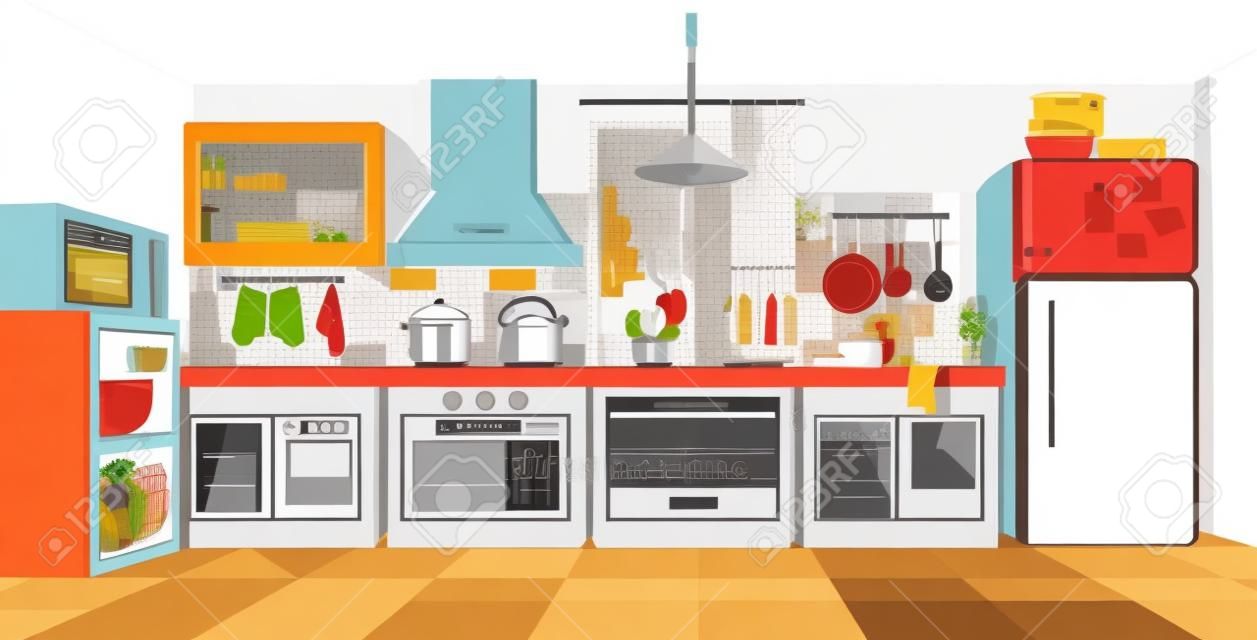 ð¡przytulne kolorowe wnętrze kuchni z lodówką, kuchenką kuchenną, naczyniami w szafkach. wektor ilustracja płaski styl kreskówki.