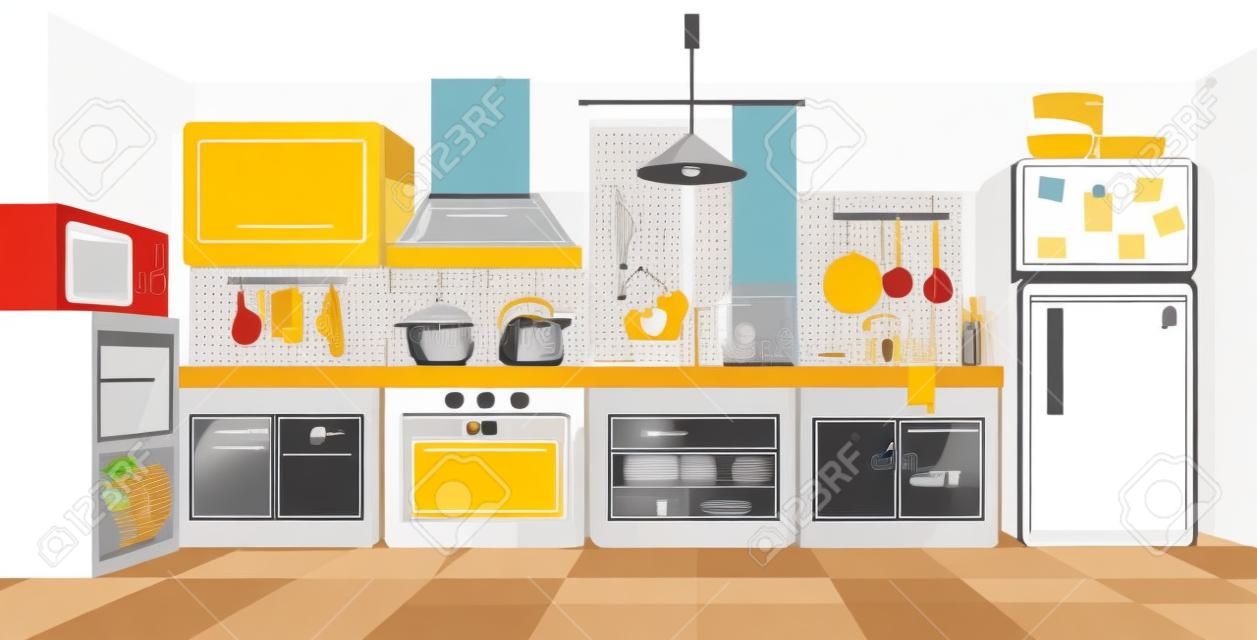Ð¡interno della cucina dai colori tenui con frigorifero, piano cottura, stoviglie. Illustrazione vettoriale in stile cartone animato piatto.