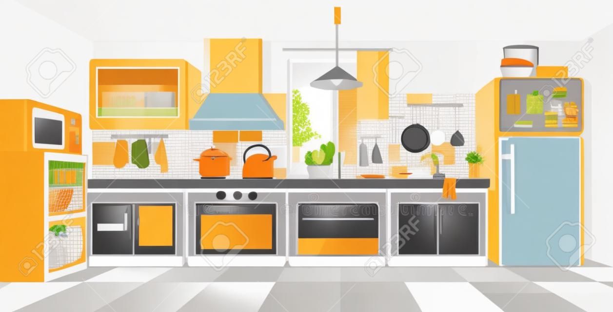 Ð¡ozy colored kitchen interior with fridge, kitchen stove, cupboard dishes. Vector illustration flat cartoon style.