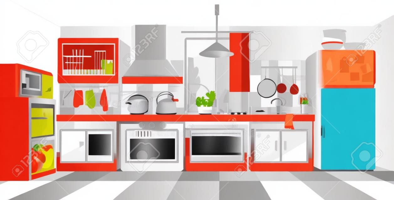 Ð¡interno della cucina dai colori tenui con frigorifero, piano cottura, stoviglie. Illustrazione vettoriale in stile cartone animato piatto.