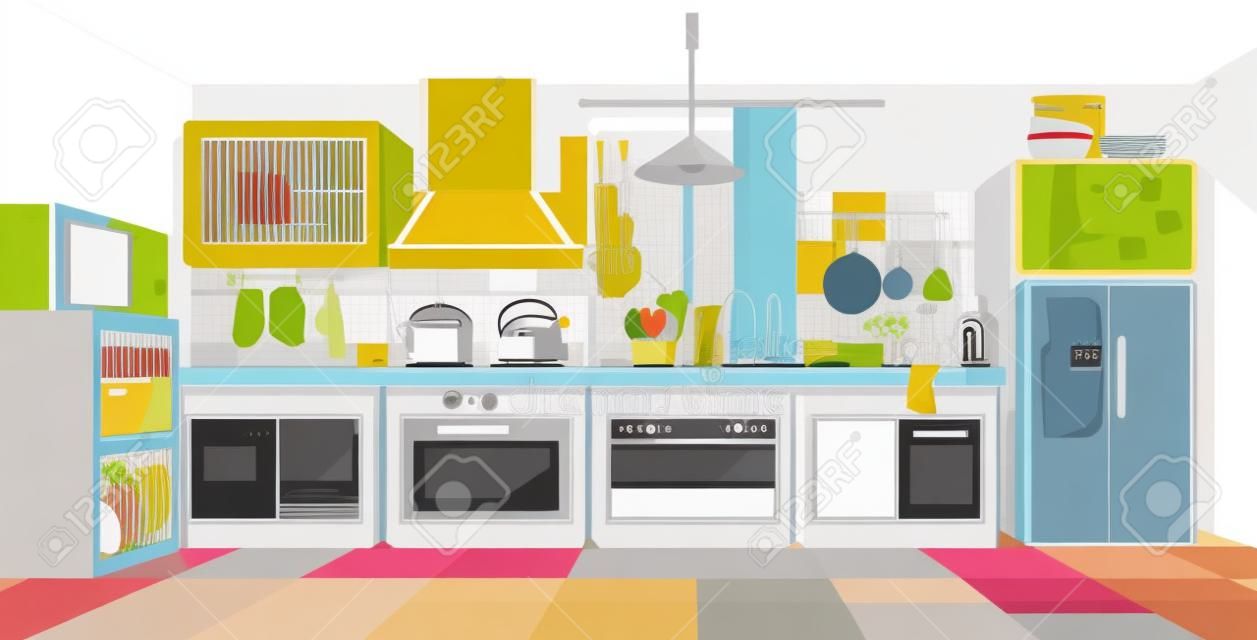 Ð¡ozy colored kitchen interior with fridge, kitchen stove, cupboard dishes. Vector illustration flat cartoon style.