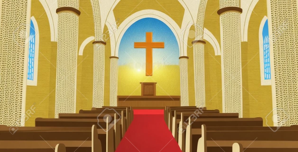 Cathedral Church view inside. Interior of Catholic Church with jesus on the cross. Cartoon vector illustration