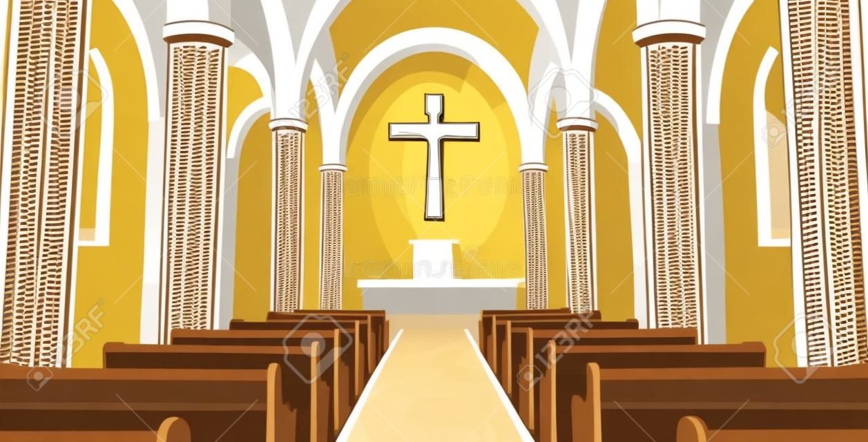 Kathedraal Kerk uitzicht binnen. Interieur van de Katholieke Kerk met Jezus op het kruis. Cartoon vector illustratie
