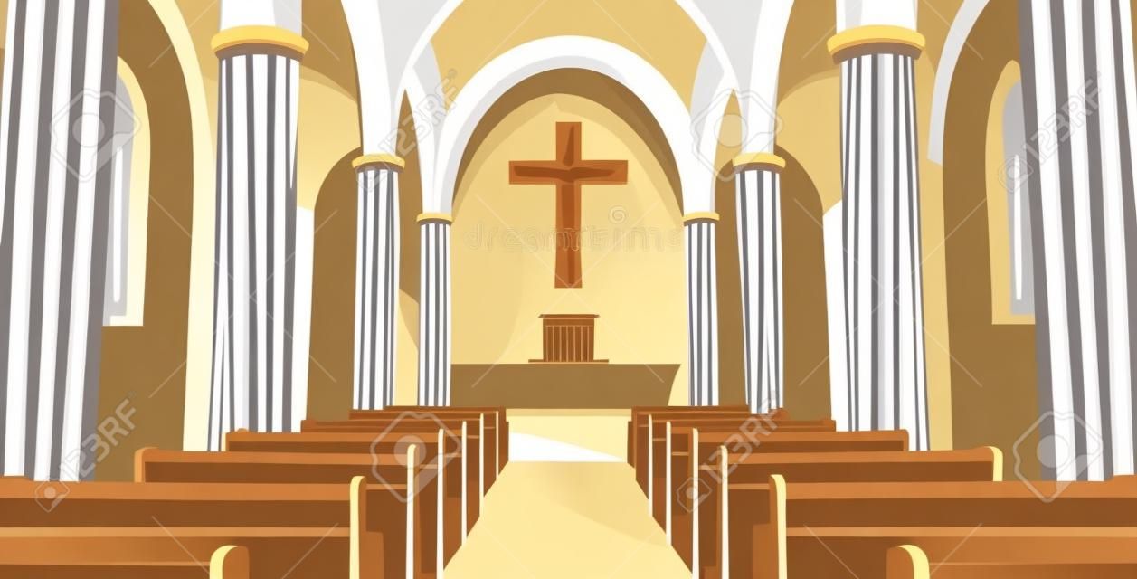 Cathedral Church view inside. Interior of Catholic Church with jesus on the cross. Cartoon vector illustration