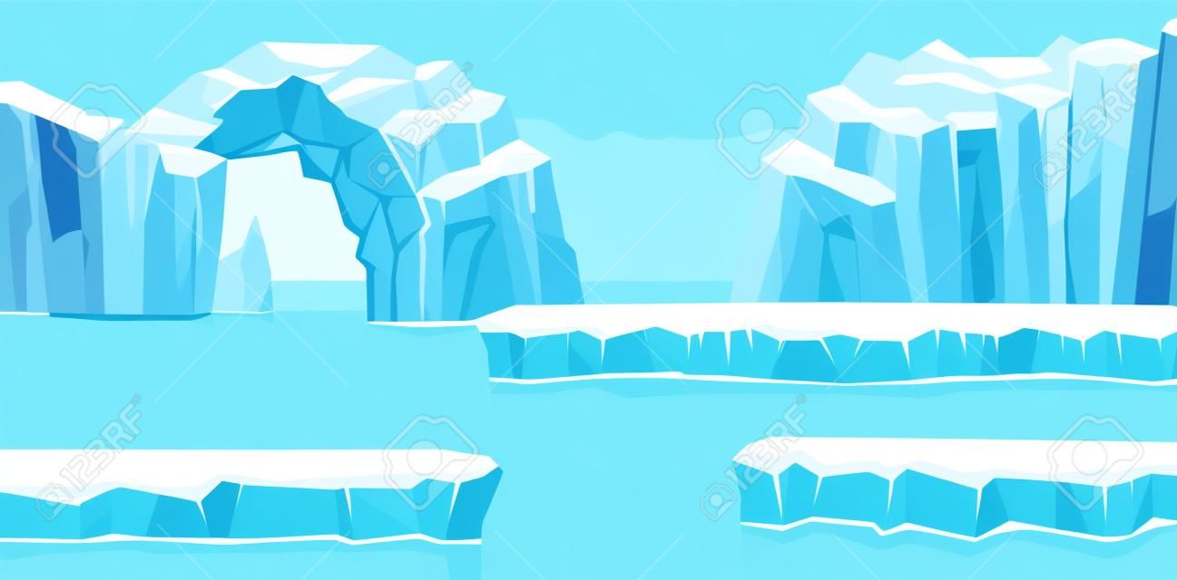 Arctic landscape with icebergs and sea or ocean. Panorama of antarctica. Vector cartoon illustration for games and mobile applications.