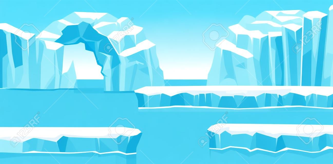 Arctic landscape with icebergs and sea or ocean. Panorama of antarctica. Vector cartoon illustration for games and mobile applications.