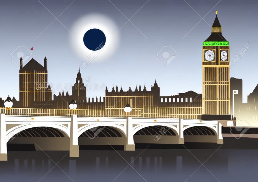 Big Ben and westminster bridge in London at night. Vector illustration in cartoon style.