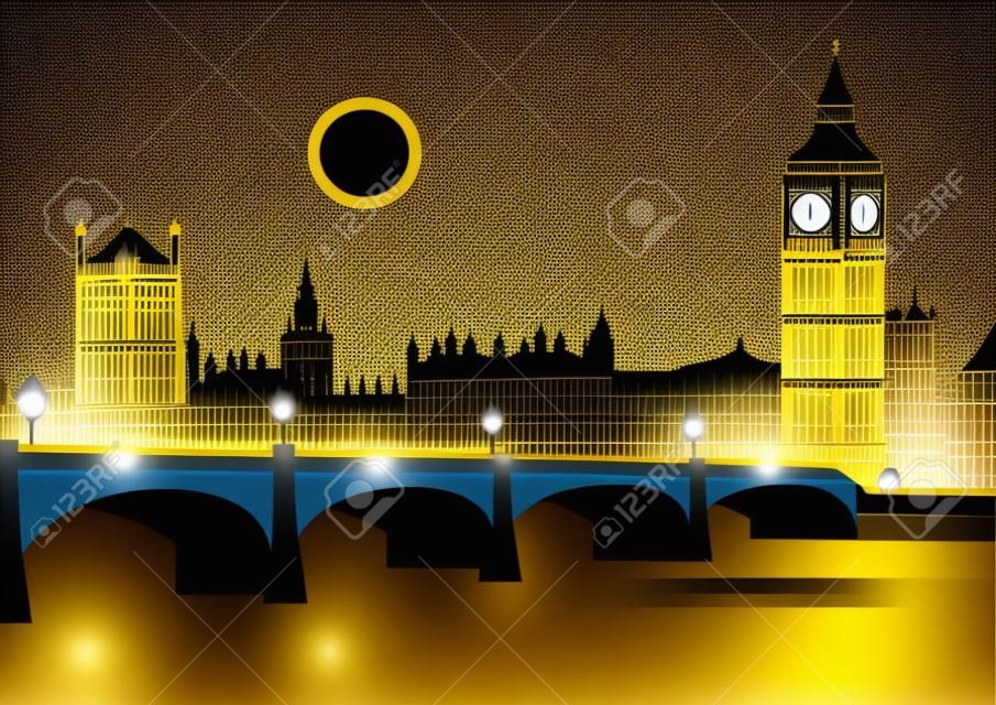 Il Big Ben e il ponte di Westminster a Londra di notte. Illustrazione vettoriale in stile cartone animato.