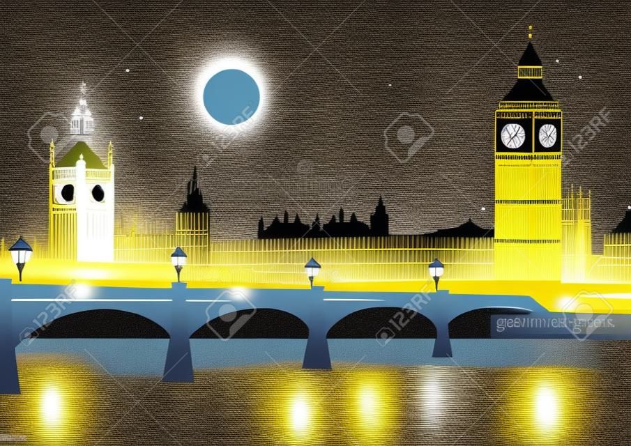 Big Ben and westminster bridge in London at night. Vector illustration in cartoon style.