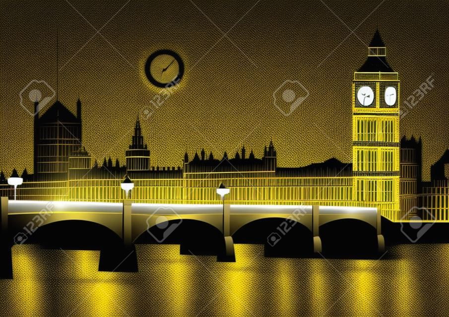 夜のロンドンのビッグベンとウェストミンスター橋。漫画のスタイルでベクトルイラスト。
