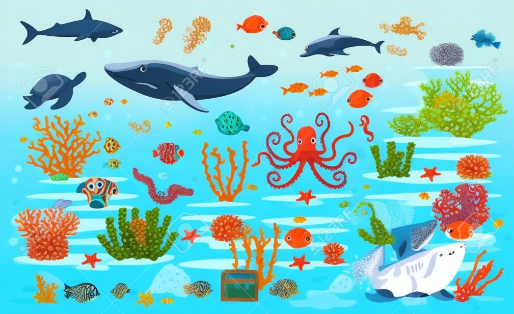 Großes Korallenriff mit tropischen Algenfischen, einem Wal, einem Tintenfisch, einer Schildkröte, Quallen, einem Hai, einem Seeteufel, einem Seepferdchen, einem Tintenfisch und Korallen. Vektor-Illustration im Cartoon-Stil.