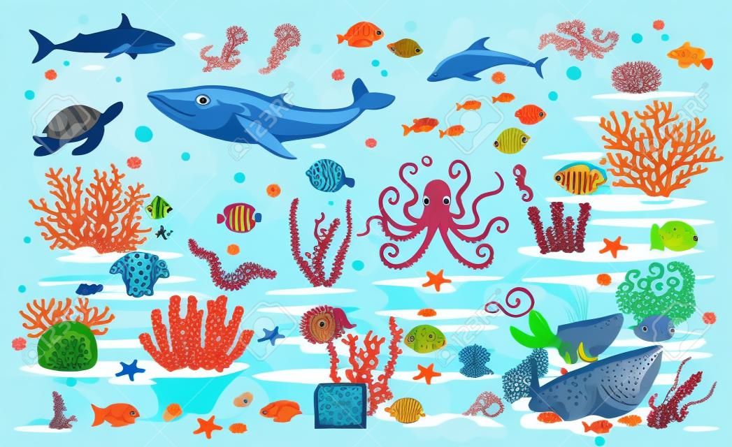 Grande conjunto de recife de coral com algas peixes tropicais, uma baleia, um polvo, uma tartaruga, água-viva, um tubarão, um pescador, um cavalo-marinho, uma lula e corais. Ilustração vetorial em estilo cartoon.
