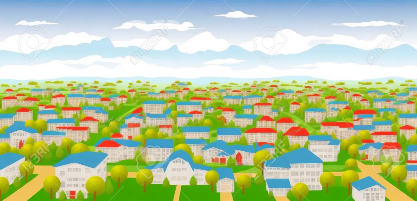 Vorstadtlandschaft.Blick auf Hochhäuser und Landschaft.Cartoon-Vektorillustration