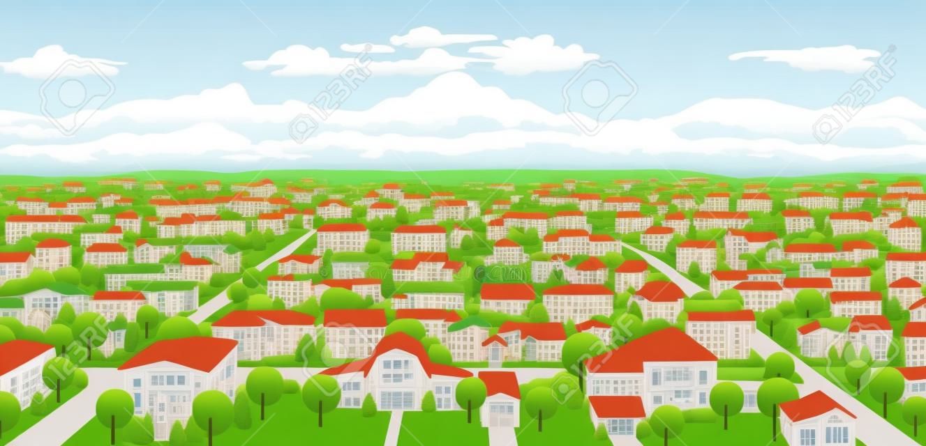 Paisagem suburbana. Vista de edifícios altos e paisagem. Ilustração vetorial de cartoon