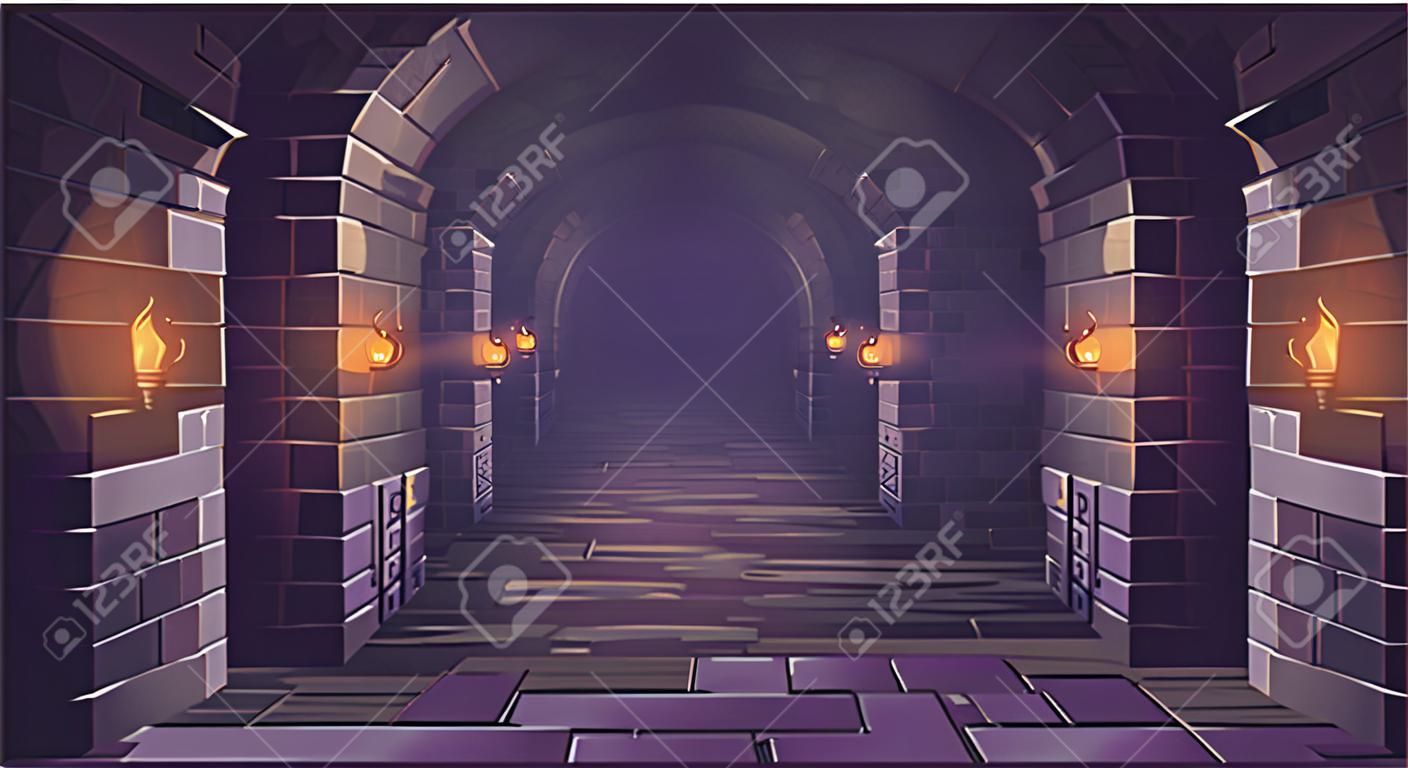 Donjon. Long couloir de château médiéval avec torches. Intérieur de l'ancien palais avec arche en pierre. illustration vectorielle.