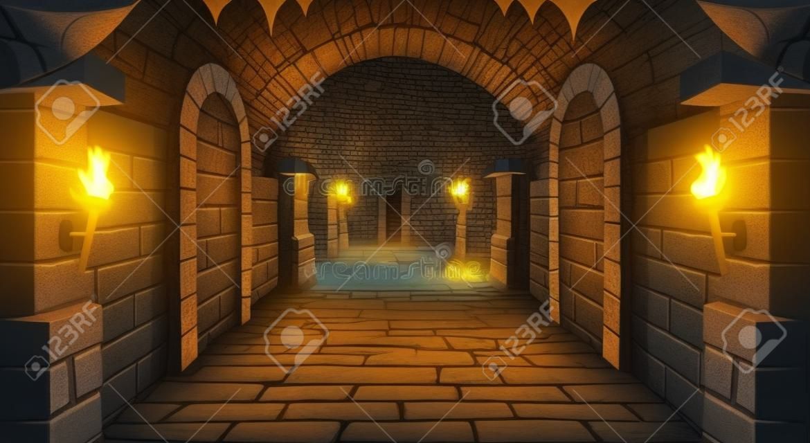 Dungeon. corredor medieval longo do castelo com tochas. interior do palácio antigo com arco de pedra. ilustração vetorial.