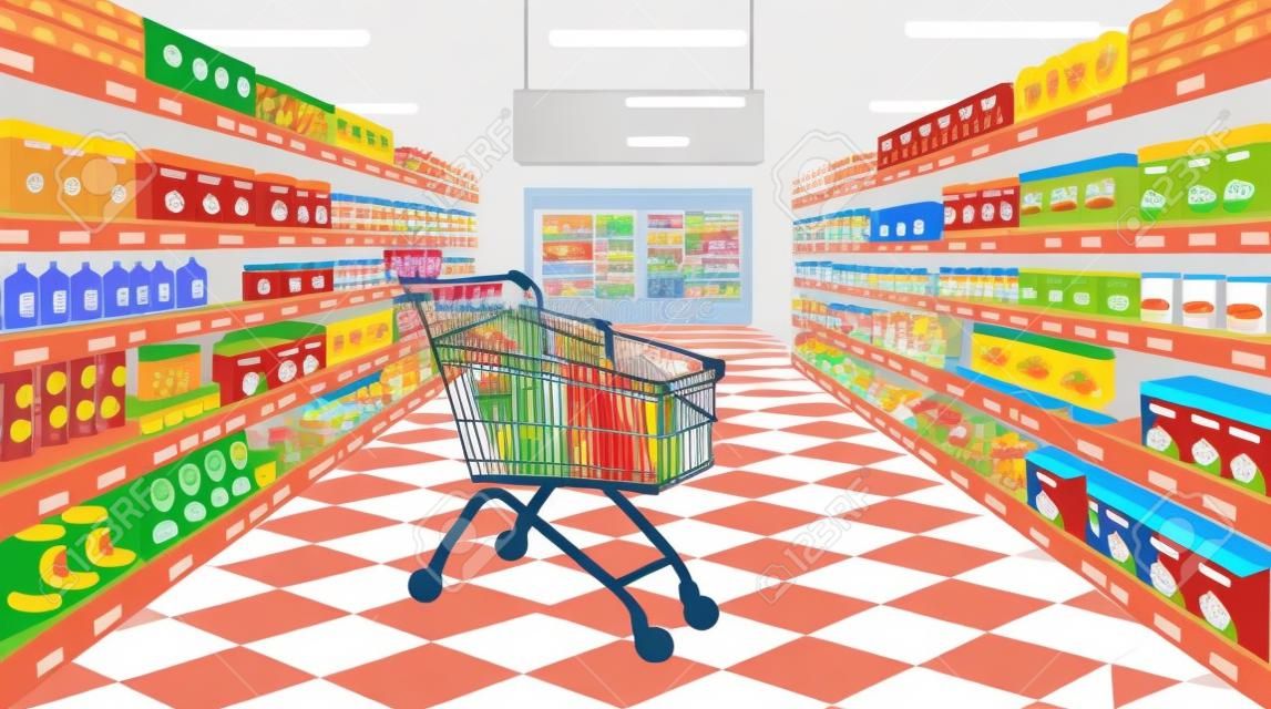 Vista prospettica della corsia del supermercato. supermercato con scaffali colorati di merce e porta d'ingresso e carrello alimentare del supermercato. illustrazione vettoriale dei cartoni animati