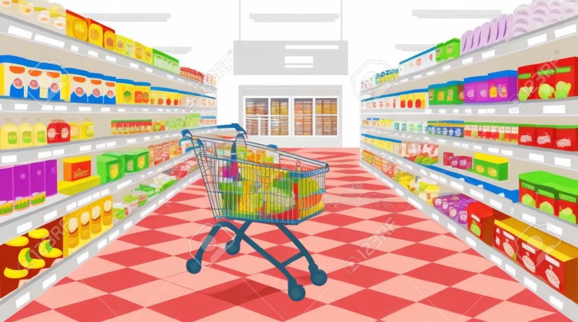 Perspektivische Ansicht des Supermarktgangs. Supermarkt mit bunten Warenregalen und Haustür und Supermarkt-Lebensmittelwagen. Cartoon-Vektor-Illustration