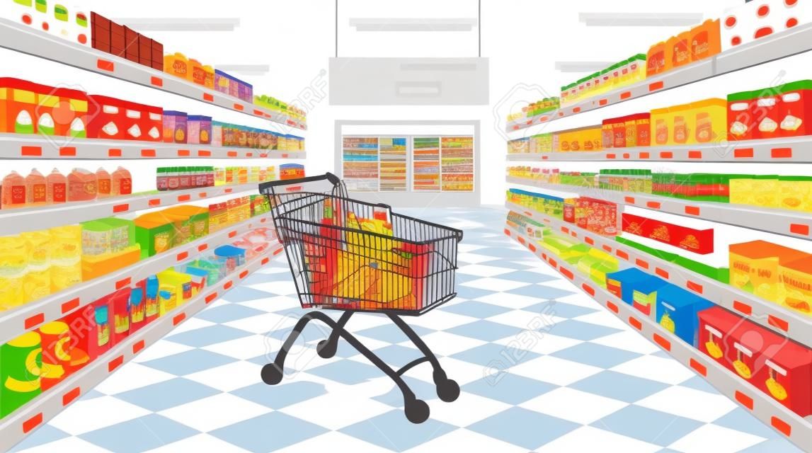 Vista en perspectiva del pasillo del supermercado. supermercado con coloridos estantes de mercancías y puerta de entrada y carrito de comida de supermercado. ilustración vectorial de dibujos animados
