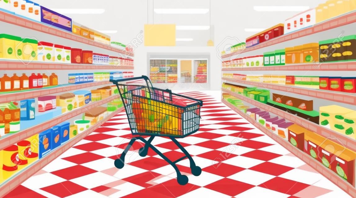 Perspective view of supermarket aisle. Supermarket with colorful shelves of merchandise and front door and supermarket food cart. cartoon vector illustration