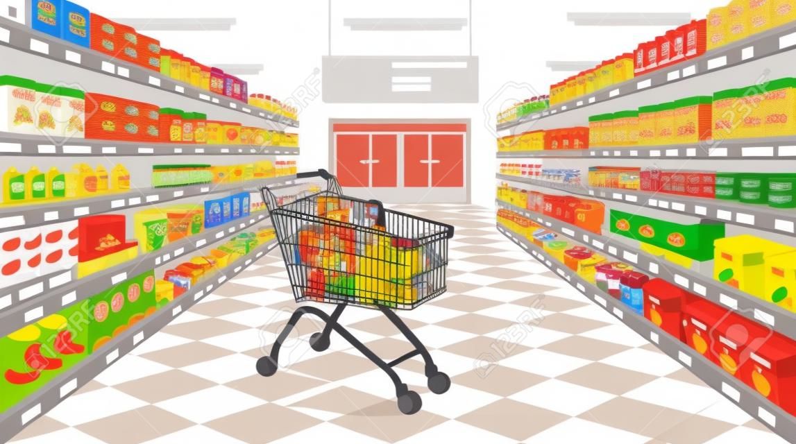 Perspektivische Ansicht des Supermarktgangs. Supermarkt mit bunten Warenregalen und Haustür und Supermarkt-Lebensmittelwagen. Cartoon-Vektor-Illustration