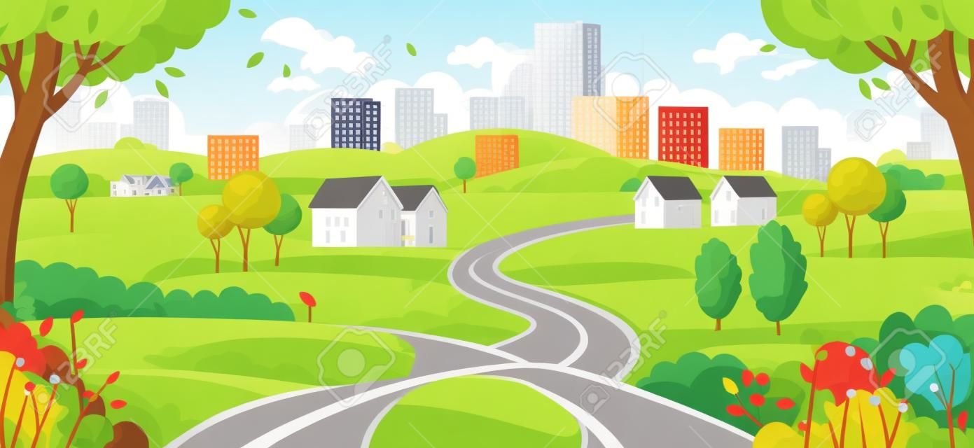 Suburb houses with road and city buildings on skyline in summer. Landscape with winding road, suburban houses and skyscrapers on the horizon.village, beautiful nature, clean air. vector cartoon style