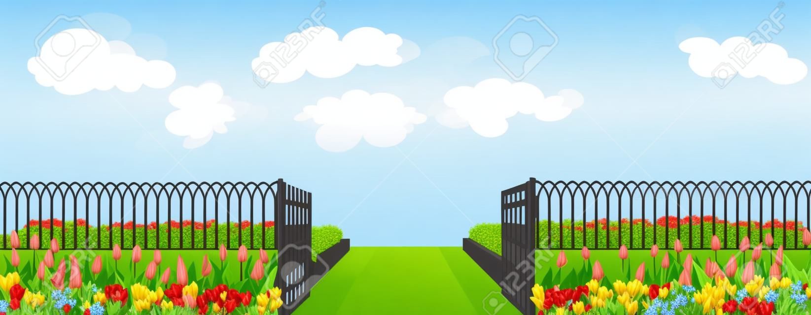 Eingangszaun mit einem Tor, einem Blumenbeet und Blumentulpen im Cartoon-Stil, Vektorillustration