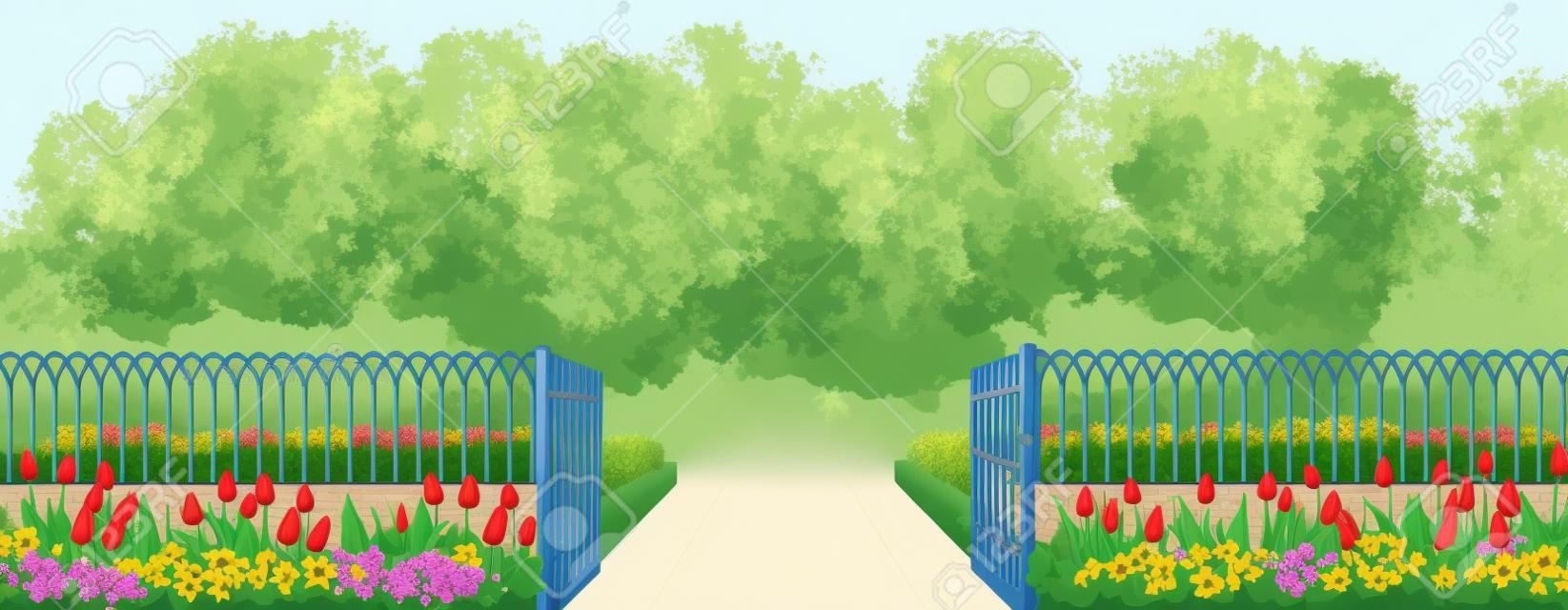 Recinzione d'ingresso con un cancello, un'aiuola e fiori tulipani in stile cartoon illustrazione vettoriale