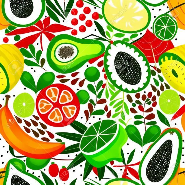 Nahtloser Hintergrund mit verschiedenen tropischen Früchten auf Weiß. Vektorfruchtmuster.