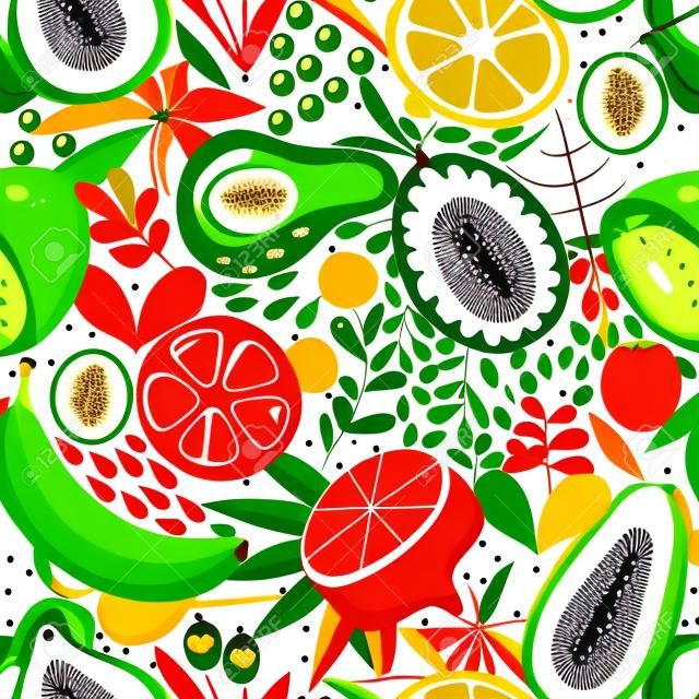 Seamless background with various tropical fruits on white. Vector fruit pattern.