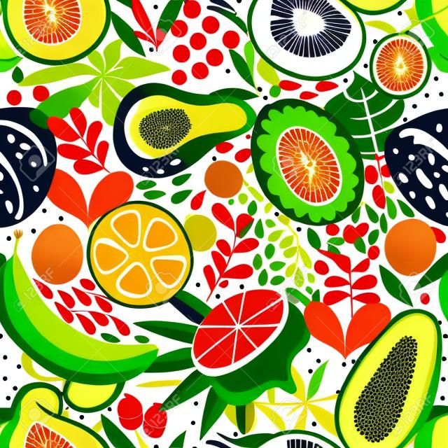 Seamless background with various tropical fruits on white. Vector fruit pattern.