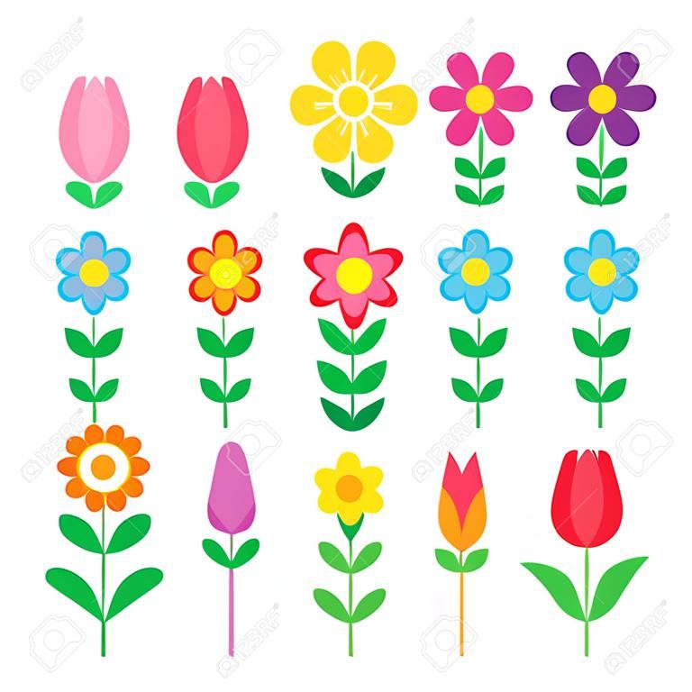 Conjunto de flores de diferentes vectores. Iconos de flores brillantes y coloridas