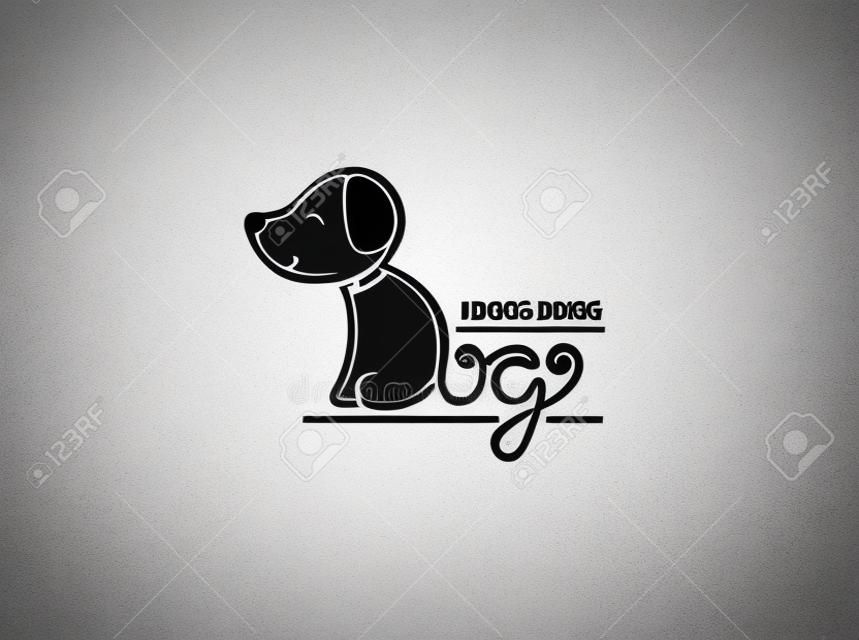 狗標誌的模板。快樂的小狗標識隔絕在白色背景。身體和尾巴是由手工繪製的字母製成的狗。向量的概念設計。