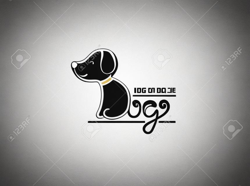 犬のロゴのテンプレート。幸せな子犬ロゴタイプは、白い背景で隔離。体と尾は、手描き文字犬から作られています。ベクトルの概念設計。