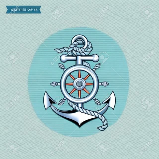 Anchor with a rope and a steering wheel. Icon isolated on white background. Sea travel and nautical themes. Vector design element.