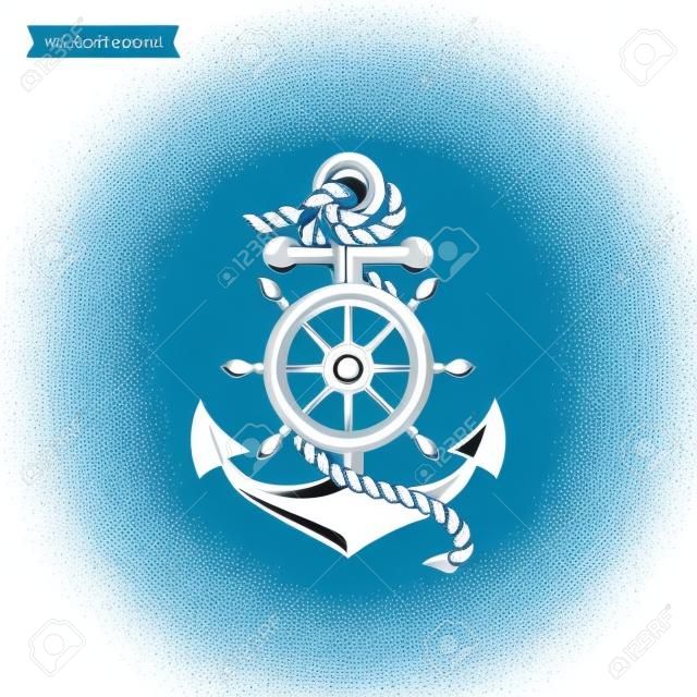 Anchor with a rope and a steering wheel. Icon isolated on white background. Sea travel and nautical themes. Vector design element.